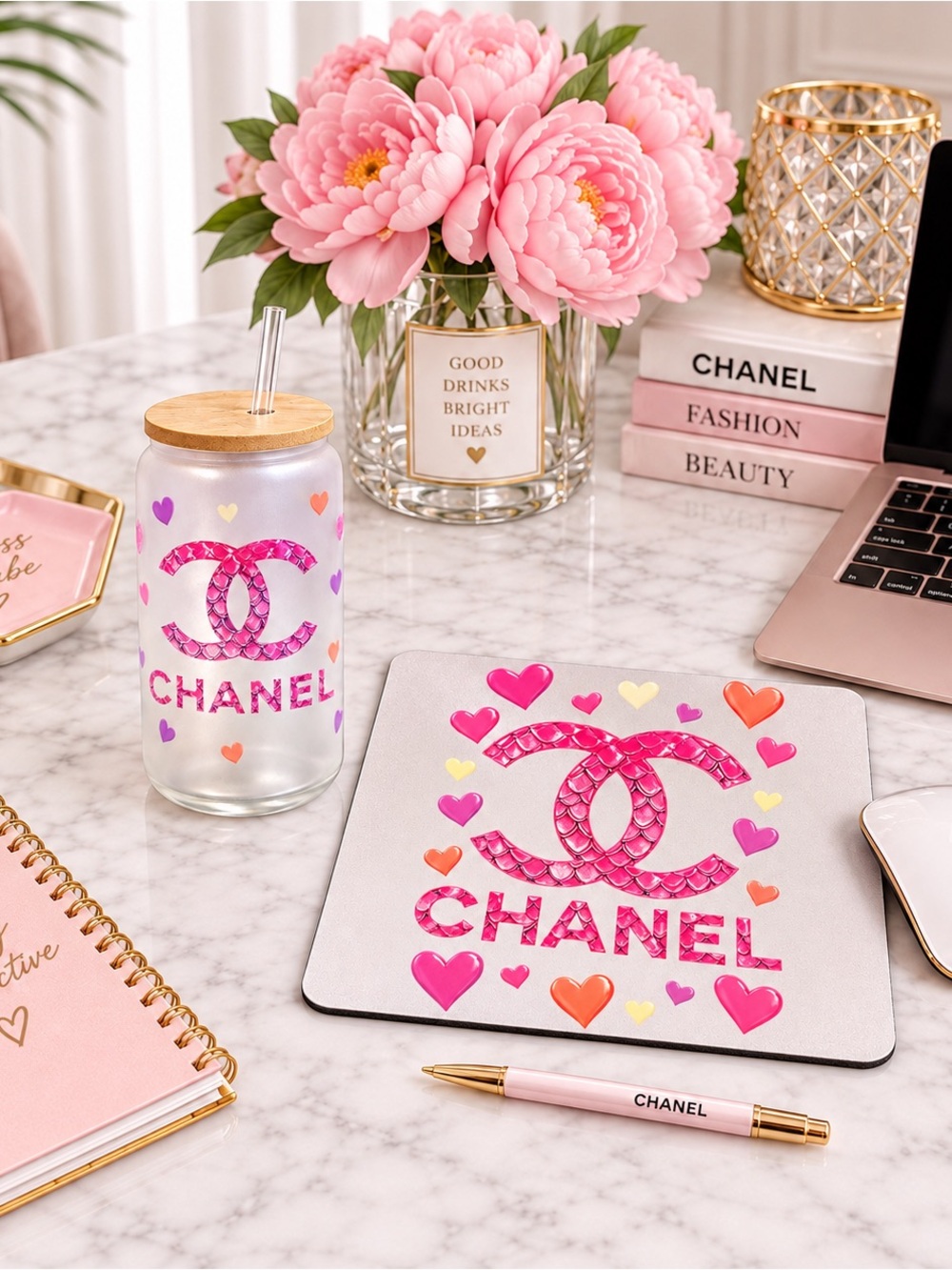 Pink Heart Logo Mouse Pad & Tumbler Desk Set